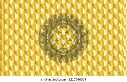 ninja star icon inside shiny golden badge. Scales pattern. Vector Illustration. Detailed. 