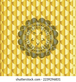 ninja star icon inside shiny golden emblem. Scales pattern. Vector Illustration. Detailed. 