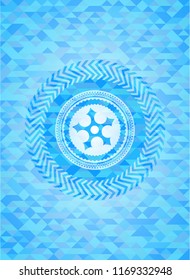 ninja star icon inside sky blue emblem. Mosaic background