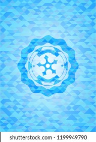 ninja star icon inside sky blue emblem. Mosaic background