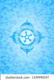 ninja star icon inside sky blue emblem. Mosaic background