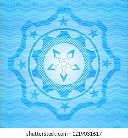 ninja star icon inside sky blue water badge background.