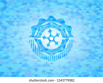 ninja star icon inside sky blue emblem. Mosaic background