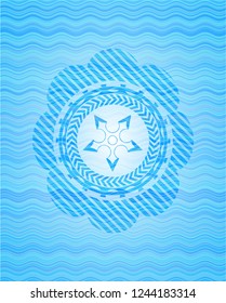 ninja star icon inside sky blue water wave emblem background.