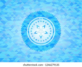 ninja star icon inside sky blue emblem with mosaic ecological style background