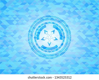 ninja star icon inside sky blue emblem. Mosaic background