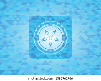 ninja star icon inside sky blue emblem. Mosaic background
