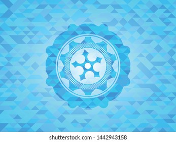 ninja star icon inside sky blue emblem with triangle mosaic background
