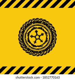 ninja star icon inside warning sign, black grunge emblem. Vector Illustration. Detailed. 