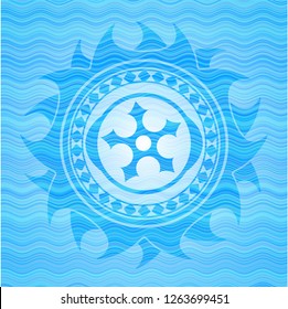 ninja star icon inside water wave representation style emblem.
