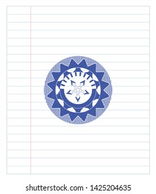 ninja star icon with pen strokes. Blue ink. Vector Illustration. Detailed.