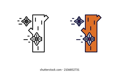 Icono de cuchillo estrella Ninja atascado en madera. Hoja Ninja en el conjunto de iconos lineales de la colección especial de aire. Descargar vector relacionado con encuentro de guerra creativo. Conjunto de iconos lineales modificables. fondo blanco.