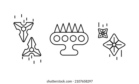 Ninja-Star-Tool und fist Dagger-Symbol-Set. Starfish fliegen in der Luft spezielle Sammlung linearen Symbol-Set. Laden Sie kreative Kriegs-Begegnung-Vektorgrafik herunter. Weißer Hintergrund.