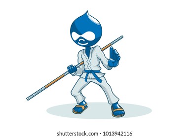 Ninja With a stick. Vector Illustration. Isolated on white background.