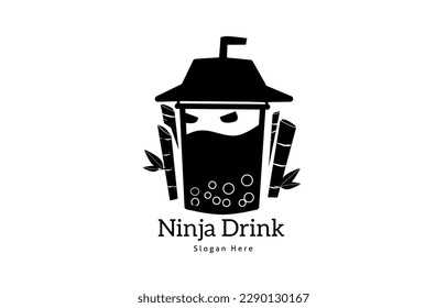 Ninja style drink logo, simple black and white drink logo, modern drink logo, and drink in plastic cup logo