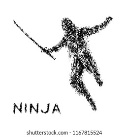 Ninja with sword attacks in a jump. Vector illustration. White background color.