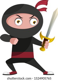 Ninja with sword, illustration, vector on white background.