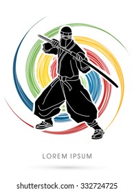 Ninja and sword on colorful spin grunge background graphic vector.