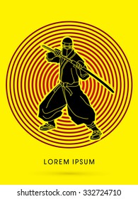 Ninja and sword on red cycle line background graphic vector