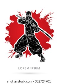 Ninja e espada em splash grunge fundo gráfico vetor.
