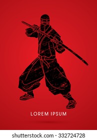 Ninja and sword on splash grunge graphic vector