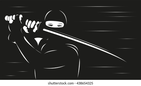 Ninja with a sword. Vector illustration. Black and white view.