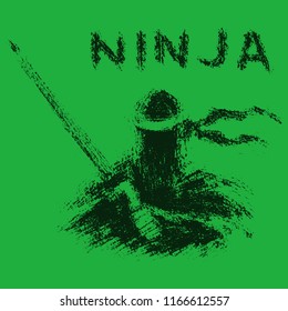 Ninja with sword. Vector illustration. Green background color.