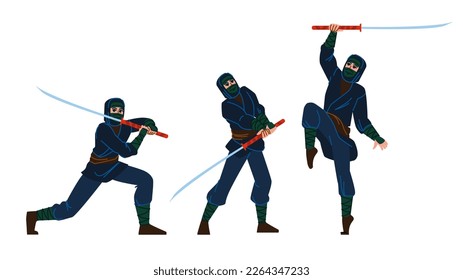 Ninja-Schwert-Vektorgrafik. Japanisch schwarz, Katana Mann, Person Krieger, dunkle Kostümkleidung, Samurai Ninja Schwert Charakter. Menschen mit flacher Zeichentrickdarstellung