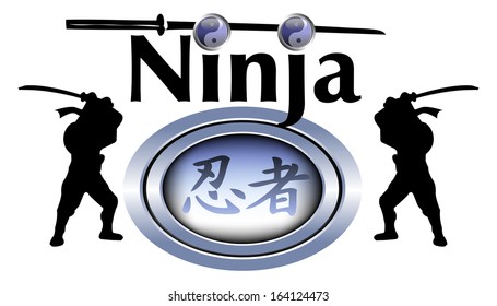 Ninja symbol surrounded by two warriors wearing a sword