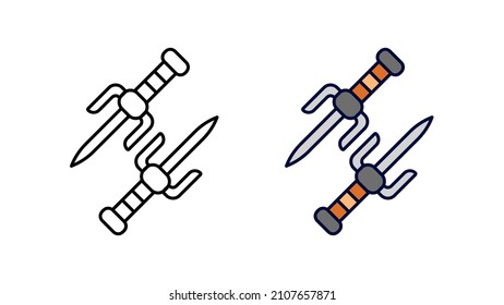 Juego de íconos de tiro de Ninja y de colorido cuchillo. Juego de iconos lineales de colección especial de cuchillos de mano. Descargar vector relacionado con encuentro de guerra creativo. fondo blanco.