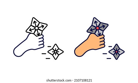 Ninja wirft Messer Icon Set. Spezielles Linear-Icon-Set mit Sternmesser in Handreihen. Laden Sie kreative Kriegs-Begegnung-Vektorgrafik herunter. Bearbeitbarer linearer Icon-Satz. weißer Hintergrund.