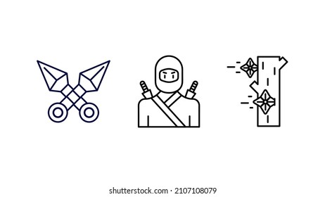 Ninja, throwing knives and star knife on tree icon set. Ninja series special collection linear icon set. Download creative war encounter related vector. Editable linear icon set. white background.