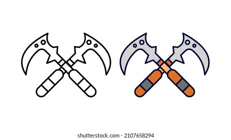Ninja throwing mortar knife and colorful knife icon set. Hand held ax special collection linear icon set. Download creative war encounter related vector. white background.