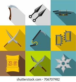 Ninja tools icon set. Flat style set of 9 ninja tools vector icons for web design