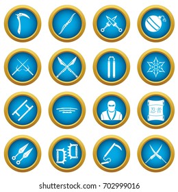 Ninja tools icons blue circle set isolated on white for digital marketing