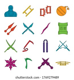 Ninja tools icons set. Doodle illustration of vector icons isolated on white background for any web design