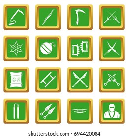 Ninja tools icons set in green color isolated vector illustration for web and any design