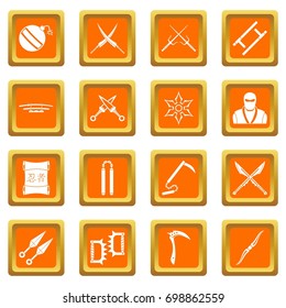 Ninja tools icons set in orange color isolated vector illustration for web and any design