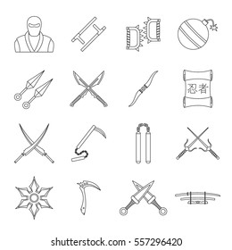 Ninja tools icons set. Outline illustration of 16 Ninja tools vector icons for web