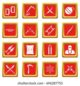Ninja tools icons set in red color isolated vector illustration for web and any design