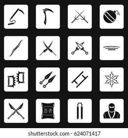 Ninja tools icons set in white squares on black background simple style vector illustration