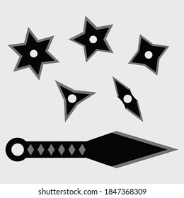 Ninja Tools Shuriken und Messer, weißer Hintergrund 