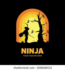 Ninja with tree vintage logo design