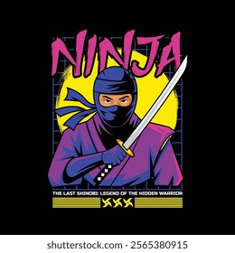 ninja t-shirt vector design with text "the last shinobi". streetwear and Urban style on black background