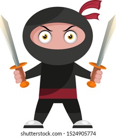 Ninja mit zwei Schwertern, Illustration, Vektorgrafik auf weißem Hintergrund.