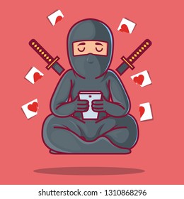 Ninja using a smart phone vector illustration. Social media, protection, cyber attack, sharing, advertising design concept