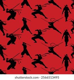 Ninja vector seamless pattern on red background