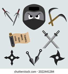 Ninja-Vektorgrafik. Shuriken-Waffe, Katana, Ninja-Schwert.