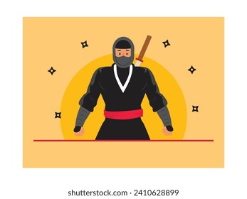 Guerrero ninja vestido de negro y cubierto de cara con una espada samurai, una figura asesina de Asia. Diseño de caracteres. Ilustración plana del vector