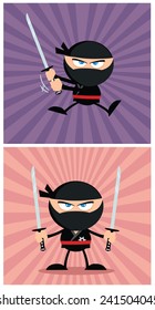 Ninja Warrior Cartoon Character In Modern Flat Design. Vector Collection Set 1